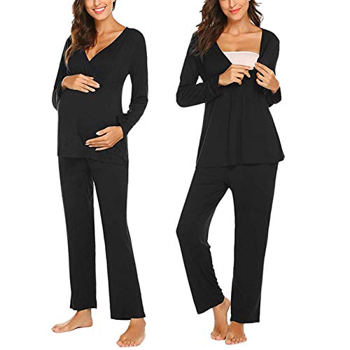 xixi-Home Damen Stillpyjama-Set, modisch, einfarbig, Nähte, multifunktional, Baumwolle, Stillen, langärmelig, Oberteil und Hose, Nachtwäsche, für Krankenhaus Gr. 38, Schwarz von ruirui-home