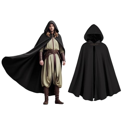 rumnigh Renaissance Umhang mit Kapuze Leinen Kapuzenumhang Mittelalter für Damen Herren Halloween Kostüme (Schwarz) von rumnigh