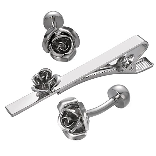 RunootPR Krawattennadel Manschettenknöpfe Set Silber Rose Krawattenklammer Personalisiert für Herren Schmuck Geschenk von runootPR