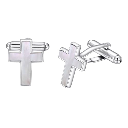 RunootPR Kreuz Manschettenknöpfe Herren Perlmutt Manschettenknöpfe Personalisiert Handgefertigter Schmuck Silber 13 * 18mm von runootPR