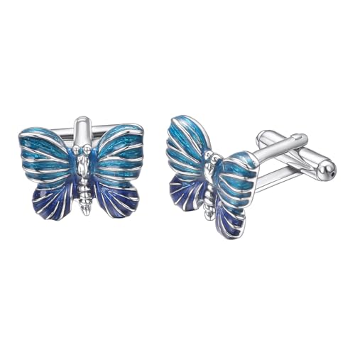 RunootPR Manschettenknöpfe Blau Schmetterling Personalisiert für Herren Cufflinks Schmuck Geschenk von runootPR