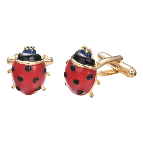 RunootPR Manschettenknöpfe Gold Personalisiert Rot Marienkäfer Manchettenknoepfe Herren Hochzeit Geschäft Schmuck Geschenk mit Geschenkbox von runootPR