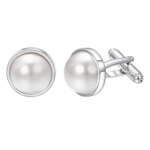 RunootPR Manschettenknöpfe Silber Personalisiert Manchettenknoepfe mit Perlen Herren Hochzeit Geschäft Schmuck Geschenk mit Geschenkbox von runootPR