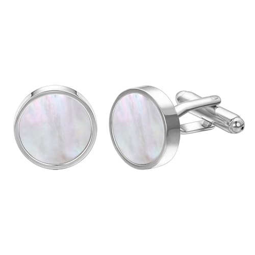 RunootPR Manschettenknöpfe aus Perlmutt Herren Hochzeit Silber Manchettenknoepfe Personalisiert Schmuck Geschenk mit Geschenkbox von runootPR