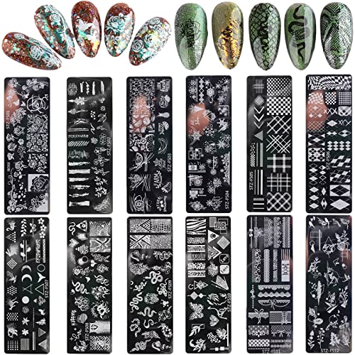 RUNRAYAY 12Pcs Retro Theme Nail Art Stamping Teller Kit mit verschiedenen Muster, Blume Schlange Schmetterling Sammlung Nail Template Stempel für Thanksgiving Weihnachten Nail Design DIY Druck von runrayay