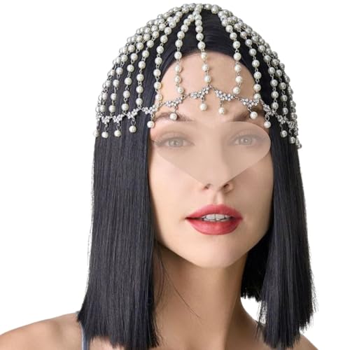 RUNRAYAY 1920er Kopfbedeckung Pearl Quaste Mesh Cap Headchain Hochzeit Kopfzubehör Stirnband Bräute Prom Kostüm Kopfkette Vintage Style Festival Halloween von runrayay