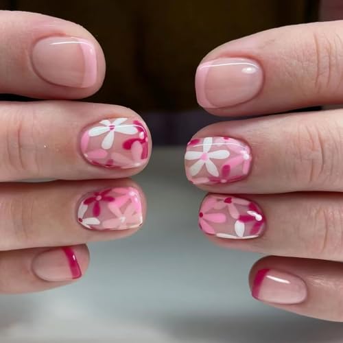 RUNRAYAY 24 Pcs Press on Nails Short, Fake Nails with Flower Design, Red White False Nails with Designs, Acrylic for Women von runrayay