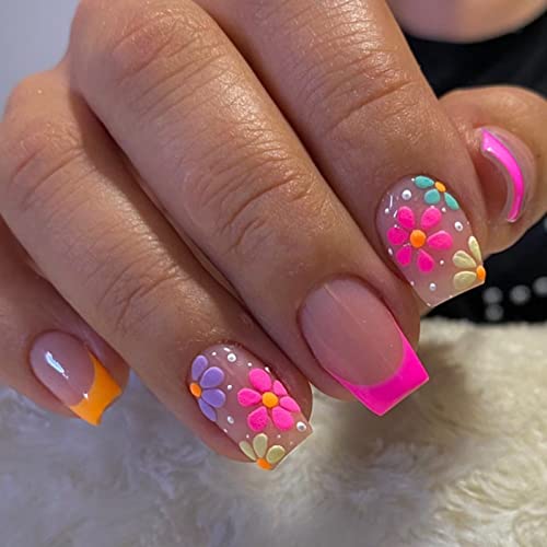 RUNRAYAY 24Pcs Druckfalsche Nägel kurze, farbige Falsche Nägel mit Mandeln, Falsche Nägel mit Blumenmustern, Acryl Nägel für Frauen und Mädchen von runrayay