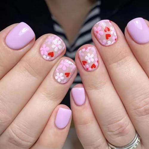 RUNRAYAY 24Pcs French Tip Press on Square Short Fake Full Cover Stick on Nails with Pink Flower Designs Glossy Stick on Nails for Women and Girls von runrayay