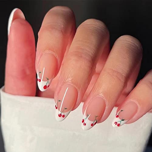 RUNRAYAY 24Pcs Kirsche Press on Nails Medium, Mandel Fake Nails mit Designs, Französisch Tipps Glossy Ballerina Acryl Nägel Presse auf für Frauen Mädchen von runrayay