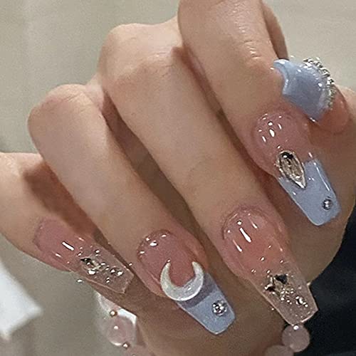 RUNRAYAY 24Pcs Press on Nails Medium, Mond & Stern Fake Nails Sarg, Falsche Nägel mit Strasssteinen für Frauen und Mädchen von runrayay