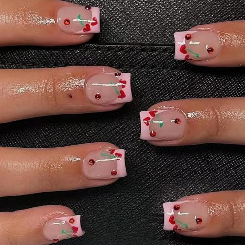 RUNRAYAY 24pcs Pink Press auf Nägeln Acrylfältige Nägel mit Kirschdesign Vollbedeckung Falsche Nägel für Frauen wiederverwendbares Nagelkit mit Nagelkleberkleber RUNRAYAY 24pcs Pink Press auf Nägeln Acrylfältige Nägel mit Kirschdesign Vollbedeckung Falsche Nägel für Frauen wiederverwendbares Nagelkit mit Nagelkleberkleber von runrayay