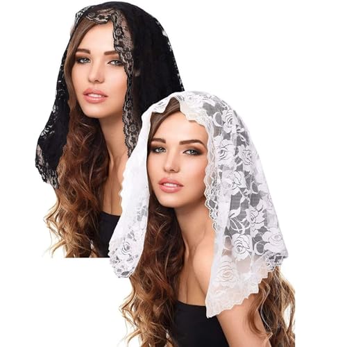 RUNRAYAY 2Pcs Short Catholic Chapel Veil, Traditional Floral Lace Mantilla Veils for Church Latin Mass Head Covering White Black Veils for Bridal Women, Style 4 von runrayay