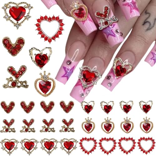 RUNRAYAY 30Pcs Heart Nail Charms, rote Nagel Edelsteine 3D Metallic Nail Strass für Acryl Nägel Designs glänzende Liebe Kristall Charms für Frauen Mädchen Nagel Kunst Zubehör von runrayay