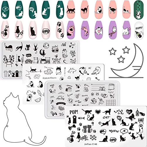 RUNRAYAY 4Pcs Cute Cats Nail Art Stamping Plates Set, Animals Design Nail Image Stamp Plates Manicure Templates für Frauen und Mädchen DIY Druck Werkzeuge Nägel Schablone von runrayay