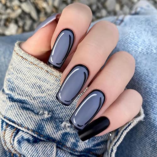 RUNRAYAY Black Medium Press on Nails Coffin, Fake Nails für Frauen mit Cartoon Design, Square Full Cover Nails Press on, Reusable Stick on Nails for Festival Stick on Nails 24Pcs von runrayay