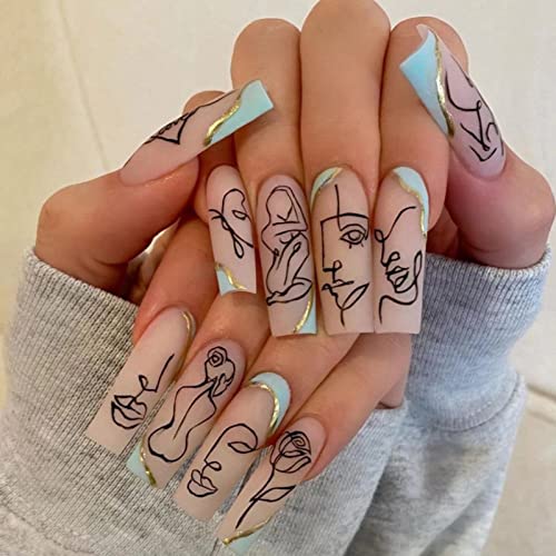 RUNRAYAY Bohemia French Press On Falsche Nägel, extra lange künstliche Nägel mit Linienmuster, nackte Sarg-Acryl-Nägelspitzen für Frauen und Mädchen, 24 Stück von runrayay