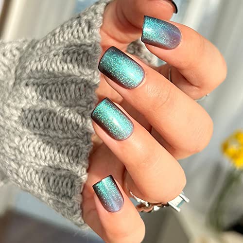 RUNRAYAY Cat Eyes Style Fake Nails Tips, French Tip Press on Nails Short, Square False Nails mit Design Full Cover Acryl Nägel für Frauen und Mädchen Finger Maniküre 24Pcs von runrayay