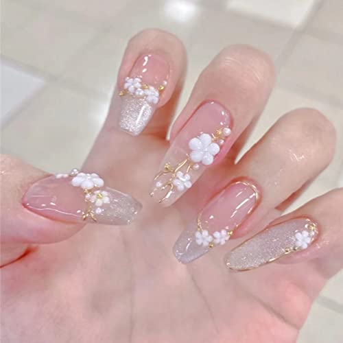 RUNRAYAY Flower Press On Nails Mit Pailletten-Design, Künstliche Nägel Goldene Linien Für Den Frühlingssommer, Nude False Nails Stick On Nail Für Frauen Mädchen DIY Nagelmaniküre von runrayay