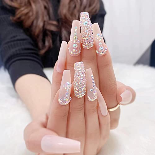 RUNRAYAY French Nude Fake Nails Tips mit Diamanten, Extra langes Drücken auf falsche Nägel mit handgefertigten 3D-Edelsteinen, Coffin Acryl Full Cover Nails Tips für Damen und Mädchen, 24 Stück von runrayay