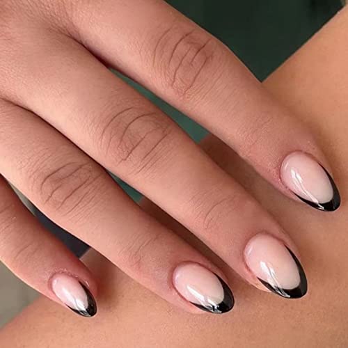 RUNRAYAY French Tips Press on Nails Short, Almond Fake Nails Glossy Stick on Nails Balck False Nails Glue on Nails Nude Acrylic Nails for Women 24Pcs von runrayay