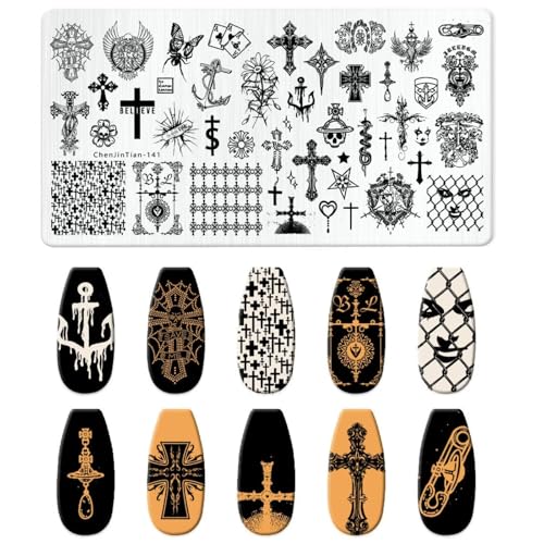 RUNRAYAY Nagel-Stempelplatten mit Kreuz-Totenkopf-Motiv, Schmetterlings-Stempel-Vorlagen für DIY-Druck, Maniküre-Salon-Design von runrayay
