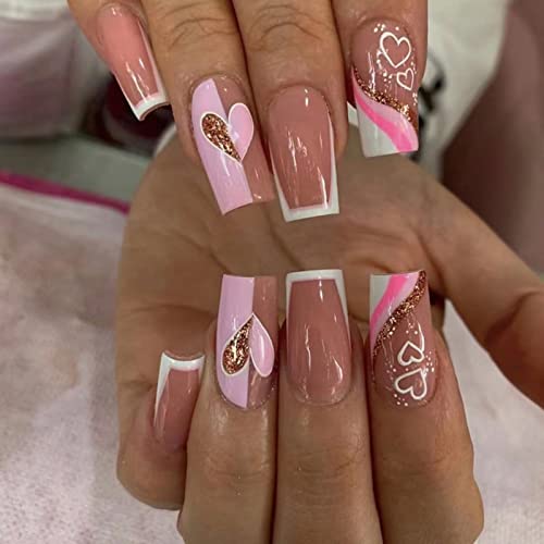 RUNRAYAY Pink Stitching Press On Nails Medium, Square Fake Nails, Glossy Stick On Nails Full Cover Stick On Nails Falsche Nägel mit Herz-Designs Acryl-Nägel für Frauen von runrayay