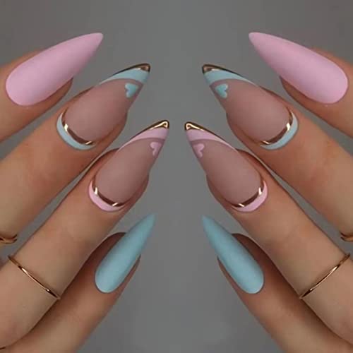 RUNRAYAY Ribbon Press On Nails Medium, Pink & Blue Almond Fake Nails, Glossy Stick On Nails Full Cover Stick On Nails Falsche Nägel mit Herzdesigns Acrylnägel für Frauen von runrayay