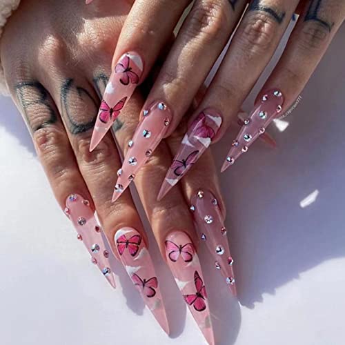 RUNRAYAY Rosa Acryl-Fack-Nägel lang mit Strass, Press-On-Nägel für Frauen Mädchen, Nude-Nägel Press-On-Full-Cover-Nägel-Spitzen für Festival-Salon-Nägel von runrayay