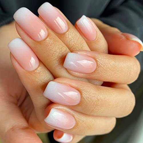 RUNRAYAY Rosa Press on Nails Kurze Quadratische Glänzende Falsche Nägel, Weißer Farbverlauf Stick on Nails Stick on Nails Perlen Acryl Nägel Sommer Exquisite Statische Falsche Nägel für Frauen 24Pcs von runrayay