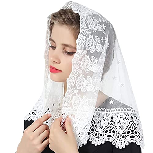 RUNRAYAY Weiße florale Spitzenschleier, bestickte Kopfbedeckung lateinische Messe Mantille Kirche Schleier kurzes Tuch für Braut Frauen von runrayay