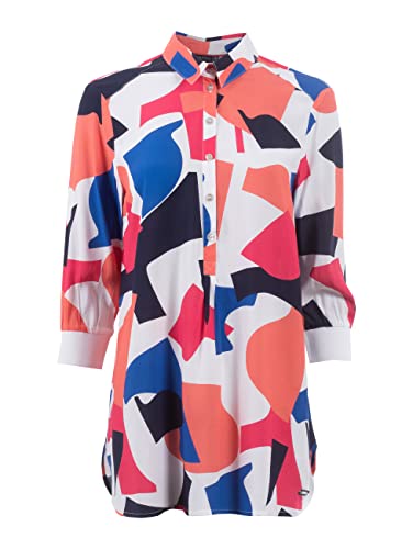 s'questo Damen Bluse Soquesto Longbluse mit Print und Knopfleiste Lange Bluse Allover Print mit Rippbund squesto, Gr. 38, Mehrfarbig von s`questo
