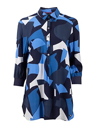 s'questo Damen Bluse Soquesto Longbluse mit Print und Knopfleiste Lange Bluse Allover Print mit Rippbund squesto, Gr. 40, Blau von s`questo