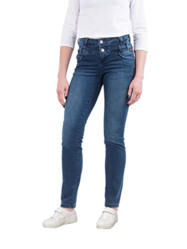 s'questo Damen Jeans SOQMIA Straight-Fit High Waist mit Taschen, Gr. 42, Blau von s`questo