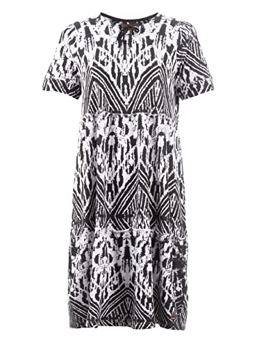s'questo Damen Kleid Soquesto Stufenkleid Kelchausschnitt V Schlitz Halbarm Ethnomuster Modalmix Großer Grafischer Allover-Print squesto, Gr.46, Schwarz von s`questo