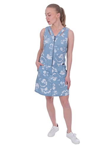 s’questo Damen Kleid Soquesto kurzes Jeanskleid Latzkleid mit Trägern Reißverschluss Taschen floraler Print helle Waschung squesto, Gr.36, Blau von s`questo