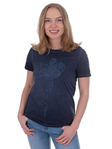 s’questo Damen T-Shirt Soquesto Batikshirt Blumenmotiv Stickerei Wording Reißverschluss im Nacken squesto, Gr.36, Blau von s`questo