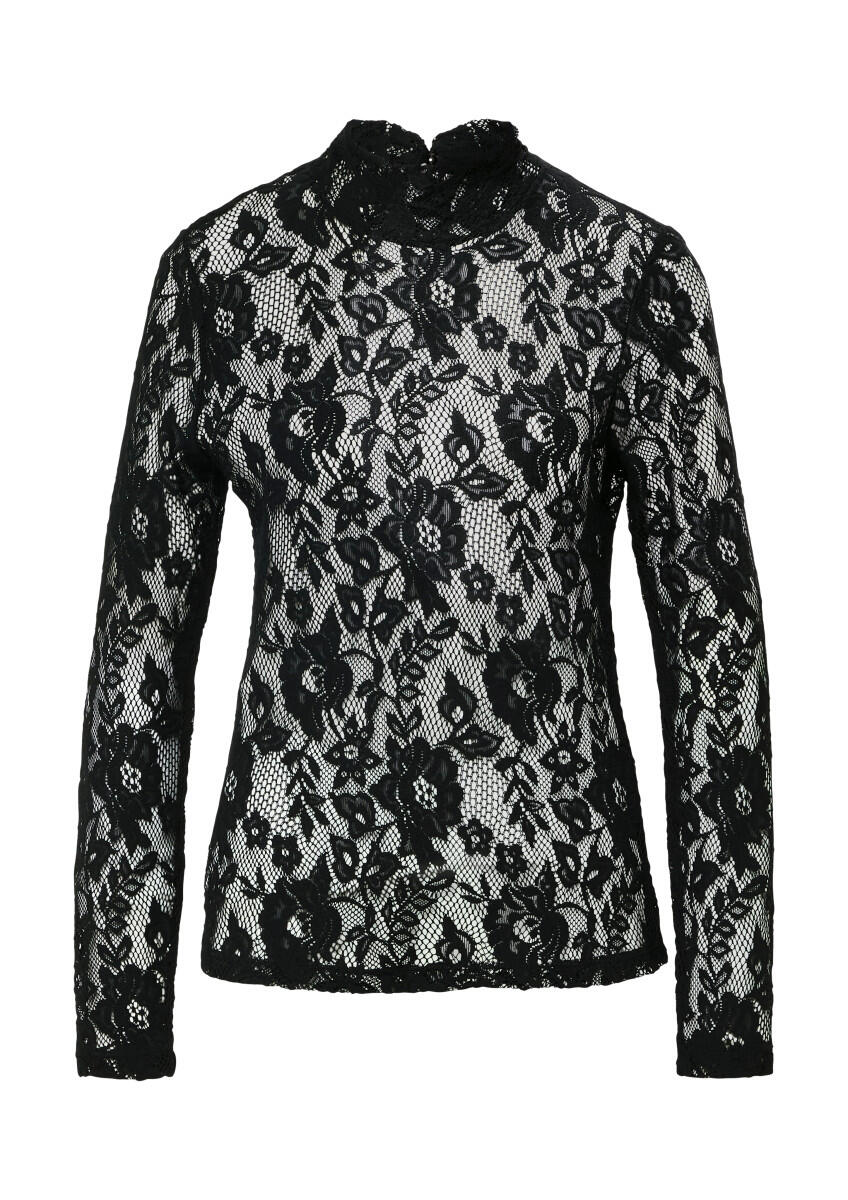 s.Oliver BLACK LABEL - Langarm-Shirt im Slim Fit mit Stehkragen und Spitze schwarz - Gr. - 42 von s.Oliver BLACK LABEL