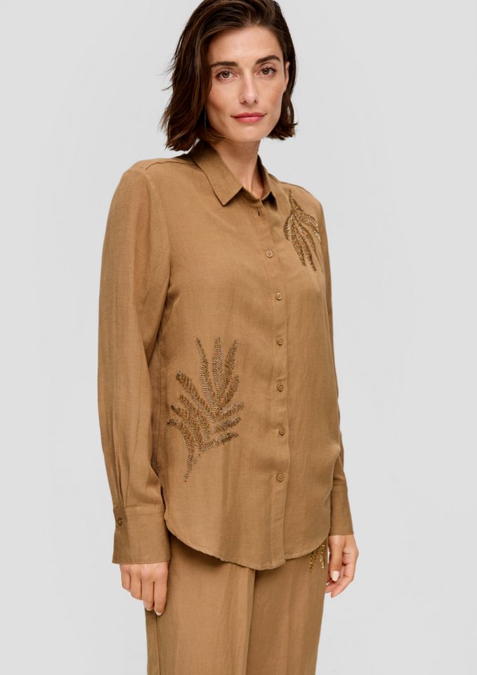 s.Oliver BLACK LABEL Langarmbluse Longbluse aus Leinenmix mit Schmuckperlen Schmuckperlen von s.Oliver BLACK LABEL