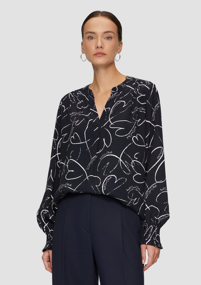 s.Oliver BLACK LABEL Langarmbluse Viskosebluse mit All-over-Print und Smok-Detail am Ärmel Smok-Detail von s.Oliver BLACK LABEL