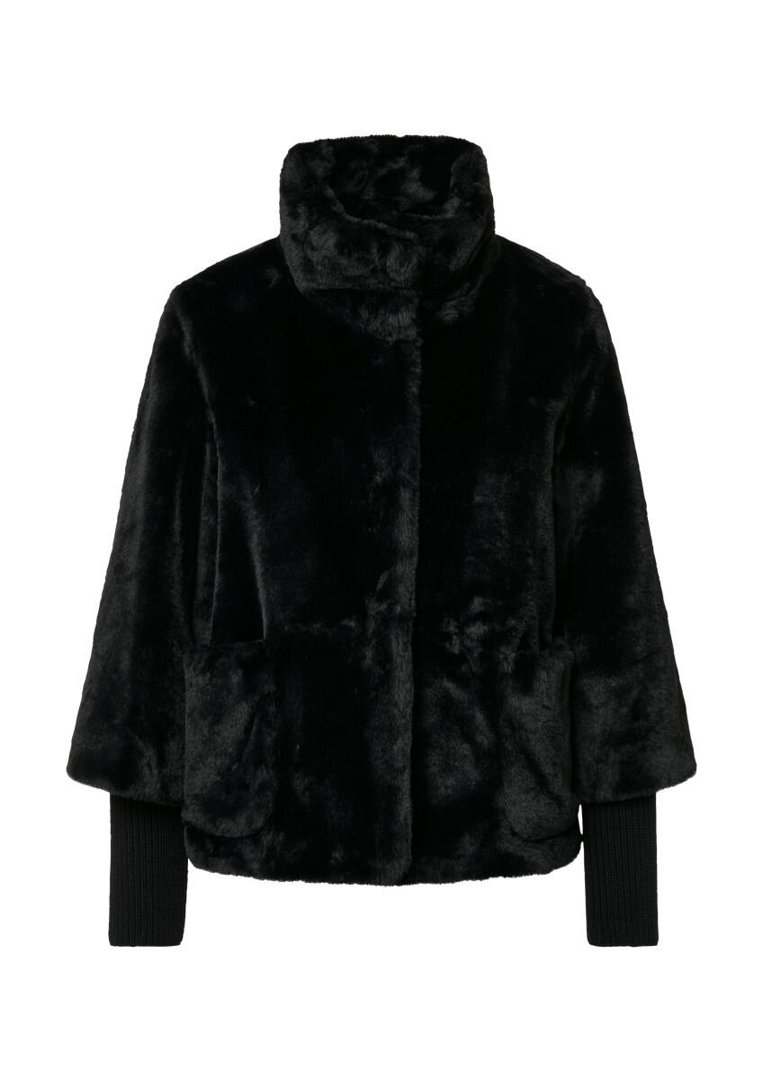 s.Oliver BLACK LABEL - Teddyplüsch-Jacke mit Rippstrick-Manschetten schwarz - Gr. - 38 von s.Oliver BLACK LABEL