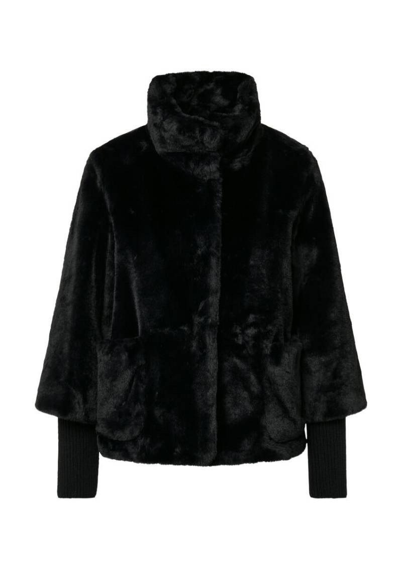 s.Oliver BLACK LABEL - Teddyplüsch-Jacke mit Rippstrick-Manschetten schwarz - Gr. - 38 von s.Oliver BLACK LABEL