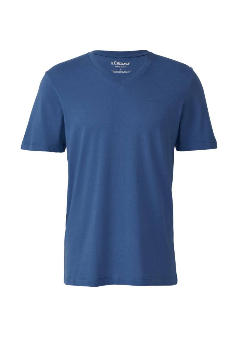 s.Oliver Red Label - Baumwoll-T-Shirt mit V-Ausschnitt und Logo blau - Gr. - M von s.Oliver Red Label