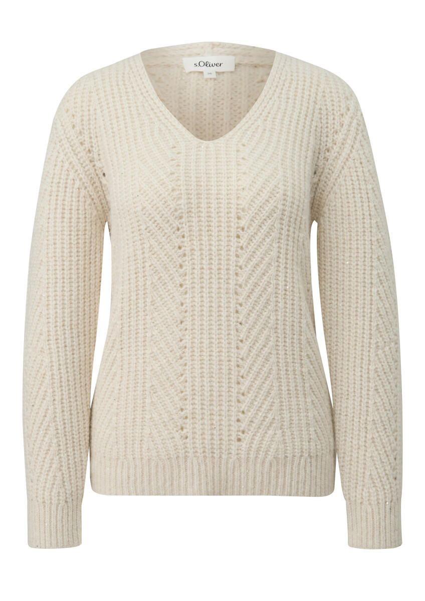 s.Oliver Red Label - Strickpullover mit V-Ausschnitt und Pailletten-Details beige - Gr. - 36 von s.Oliver Red Label