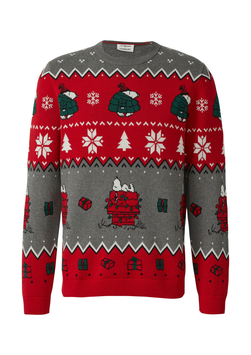 s.Oliver Red Label - Weihnachtspullover aus reiner Baumwolle mit Peanuts-Motiv grau/rot - Gr. - XXL von s.Oliver Red Label