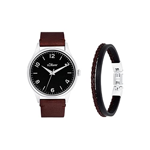 s.Oliver Armbanduhr + Armband Herren Quarzuhr Analog, mit Leder Armband, 5 bar Wasserdicht, Kommt in Uhren Geschenk Box, 2034689 von s.Oliver