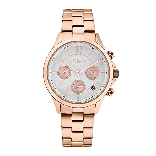 s.Oliver Armbanduhr Damen Quarzuhr Analog, mit Edelstahl Armband, Roséfarben, 5 bar Wasserdicht, Multifunktion, Kommt in Uhren Geschenk Box, von s.Oliver