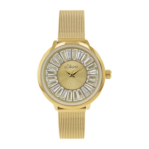 s.Oliver Armbanduhr Damen Quarzuhr Analog, mit Edelstahl Armband, Gold, 3 bar Wasserdicht, Kommt in Uhren Geschenk Box, 2038588 von s.Oliver
