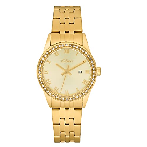 s.Oliver Armbanduhr Damen Quarzuhr Analog, mit Edelstahl Armband, Gold, 5 bar Wasserdicht, Kommt in Uhren Geschenk Box, 2033564 von s.Oliver