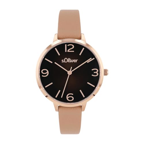 s.Oliver Armbanduhr Damen Quarzuhr analog, mit Leder Armband, Gold, 3 bar wasserfest, Kommt in Uhren Geschenk Box, 2036549 von s.Oliver